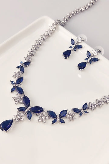 Royal Blue Butterfly Crystal Drop Earrings Necklace Jewelry Set
